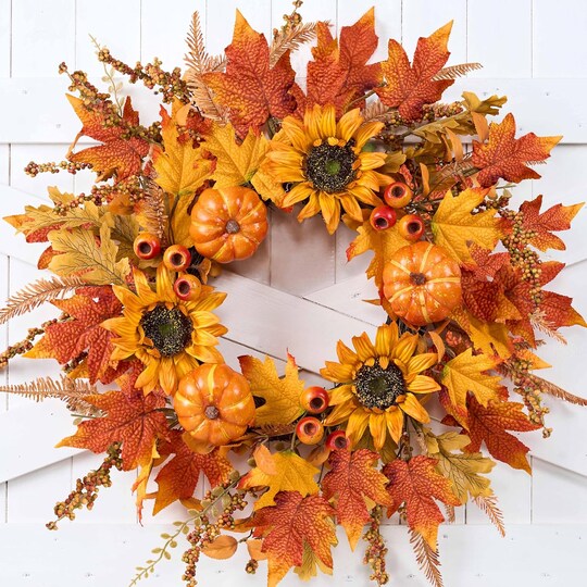 24 Inch Fall Wreath for Front Door with Pumpkins, Sunflowers, Maple Leaves and Orange Red Berries, Autumn Harvest Thanksgiving Farmhouse Porch Wall Hanging Decor